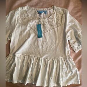 Draper James Neck Puff Sleeve Eyelet Blouse White NWT
